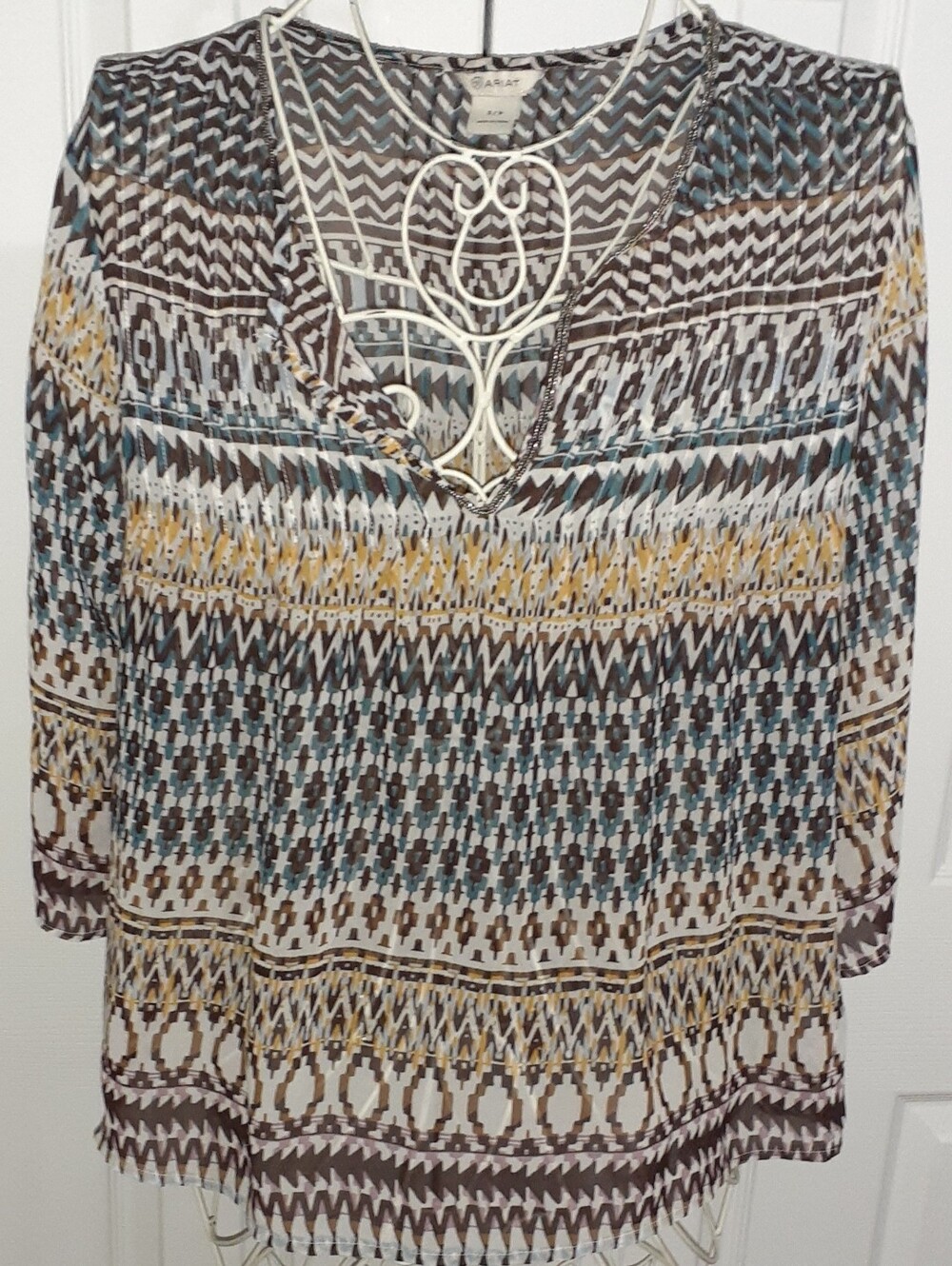 Ariat Southwestern Womens Boho Aztec V - Neck Beaded Tunic Sheer Top Size S
